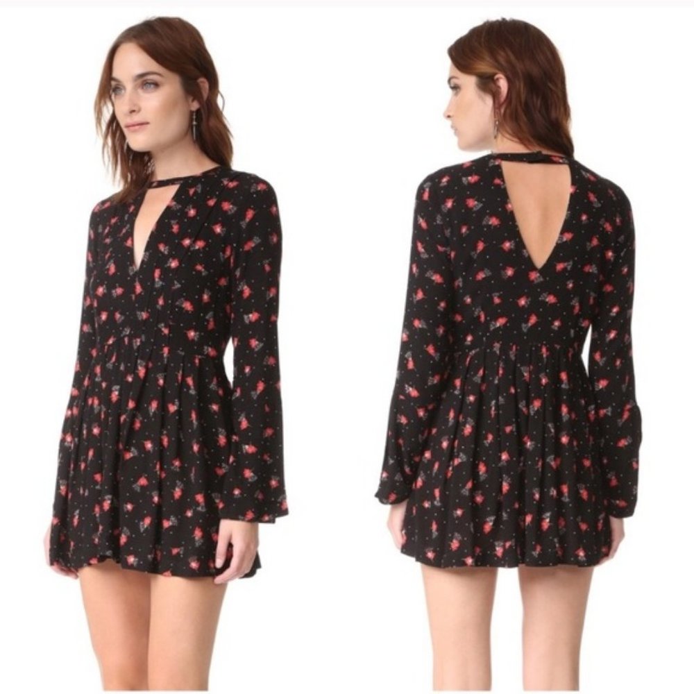 Free People Black Floral Long Sleeve Mini Dress